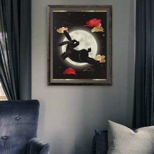 Affiche Année lunaire de la souris du lapin noir rouge or