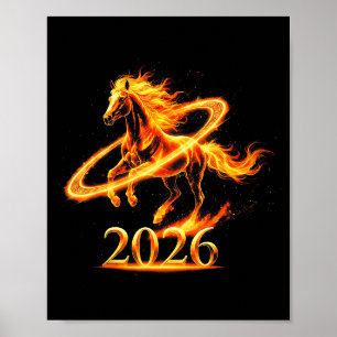 Affiche Année zodiacale feu or du cheval 2026 nouvel an lu
