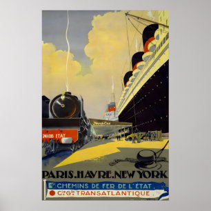 Affiche Années 1920 Paris Le Havre New York - Style Vintag
