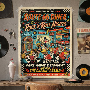 Affiche Années 50 Restaurant Route 66 Soirées Rock 'n' Rol