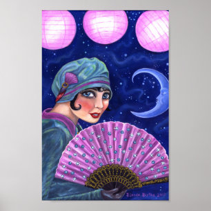 Affiche Années folles Flapper Girl Fan Lune Stars