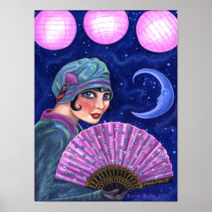 Affiche Années folles Flapper Girl Fan Lune Stars