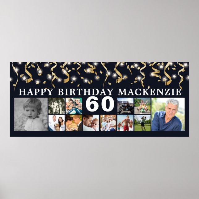Affiche Anniversaire 12 Photo Streamers Or Couleur Personn (Devant)