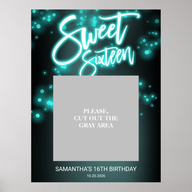 Affiche Anniversaire 16 ans Fête Neon Sombre Teal Glow Po (Devant)