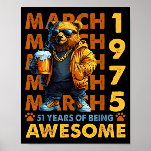 Affiche anniversaire 51 ans ours cool mars 1975 vintage 51