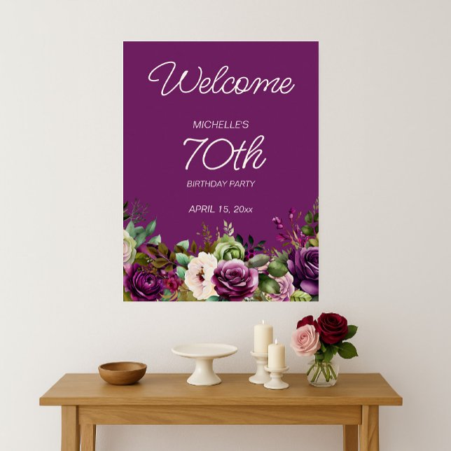 Affiche Anniversaire 70 ans Fleurs Rose Violet Élégant (Elegant purple and pink watercolor floral 70th birthday party Welcome poster)