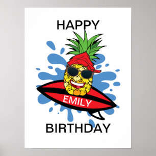 Affiche Anniversaire amusant de surf ananas