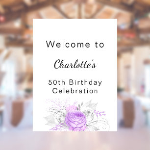 Affiche Anniversaire blanc violet fleurs argent bienvenue