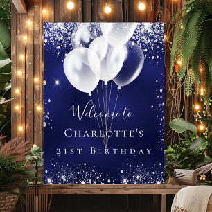 Affiche Anniversaire bleu marine argent parties scintillan