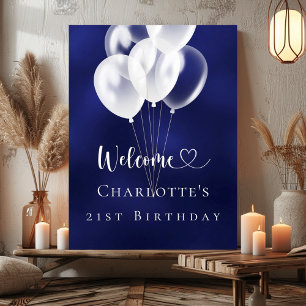 Affiche Anniversaire bleu marine ballons blancs bienvenue