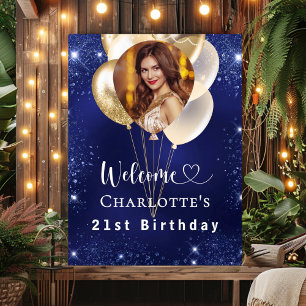 Affiche Anniversaire bleu marine or ballons photo bienvenu