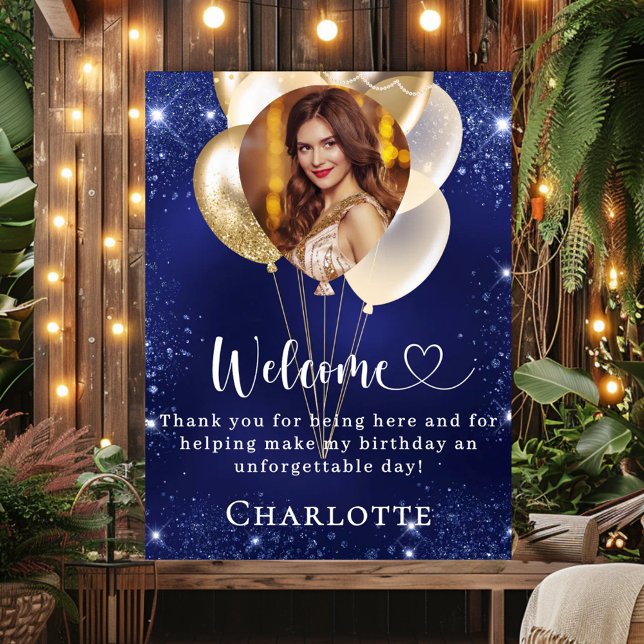 Affiche Anniversaire bleu marine or ballons photo bienvenu (Créateur téléchargé)