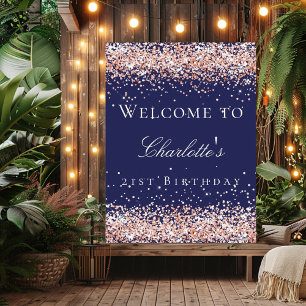 Affiche Anniversaire bleu marine rose or parties scintilla
