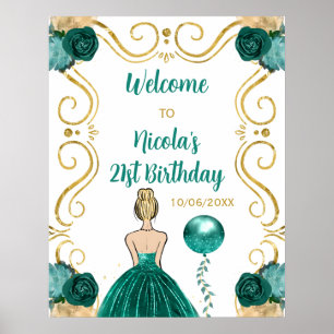 Affiche Anniversaire Blonde Princesse Bienvenue Turquoise
