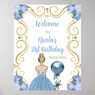 Affiche Anniversaire Blonde Princesse Bleue Bienvenue