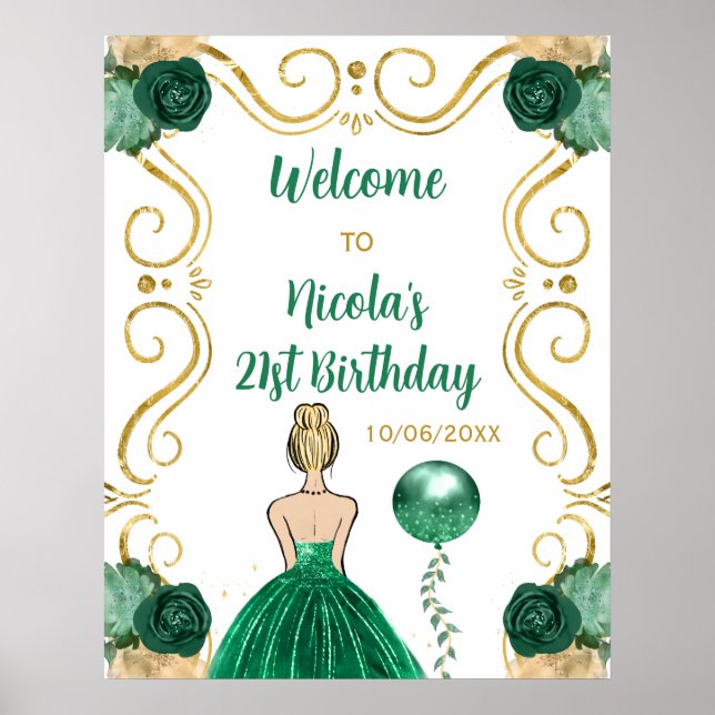 Affiche Anniversaire Blonde Princesse Green Welcome (Devant)