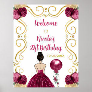 Affiche Anniversaire Brown Cheveux Princesse Rouge foncé B