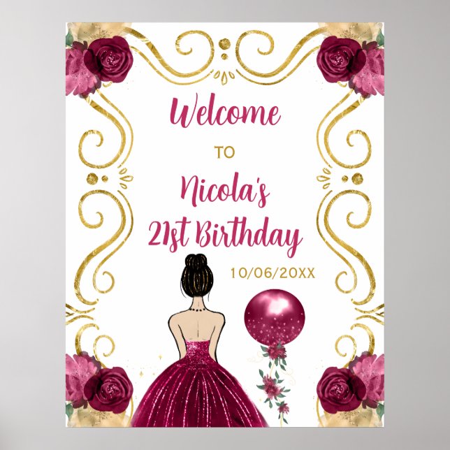 Affiche Anniversaire Brown Cheveux Princesse Rouge foncé B (Devant)