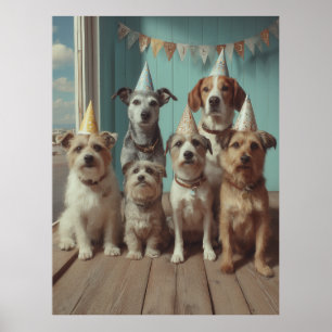 Affiche Anniversaire de chiens avec des chapeaux de fête