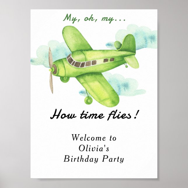 Affiche Anniversaire de enfant d'avion aquarelle (Devant)