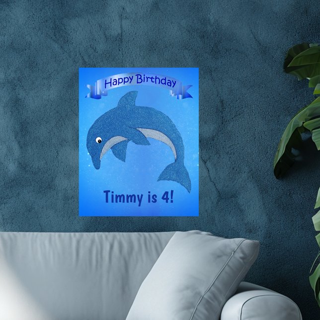 Affiche Anniversaire de enfant de bande dessinée Dolphin B (Fun jumping sparkle like blue dolphin on kids Happy Birthday poster decoration.)