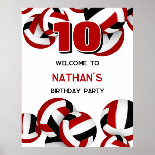 Affiche anniversaire de enfant de volley-ball noir rouge