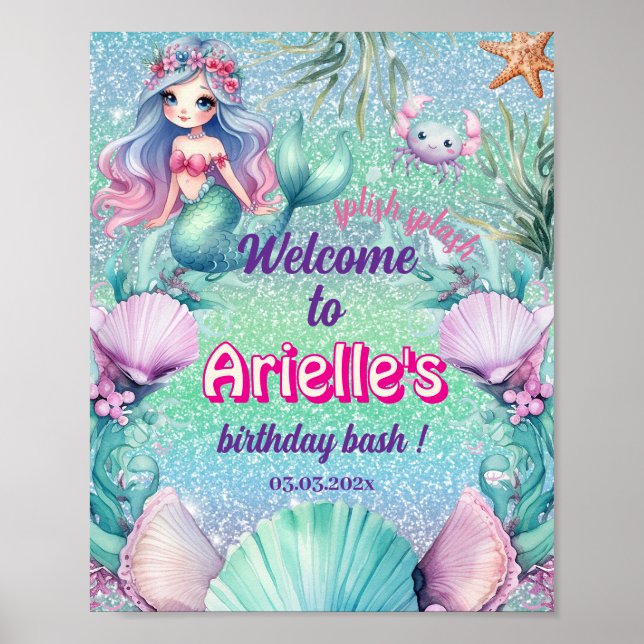 Affiche Anniversaire de sirène violet pailleté (Devant)
