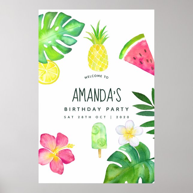 Affiche Anniversaire d'été aquarelle tropicale (Devant)