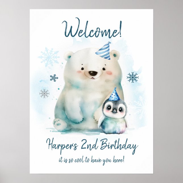 Affiche Anniversaire d'hiver des ours pingouins et polaire (Devant)