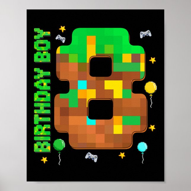 Affiche Anniversaire drôle de 8 ans jeu pixel Anniversaire (Devant)