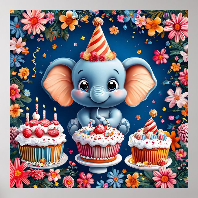 Affiche Anniversaire éléphant avec gâteau et ballons (Devant)