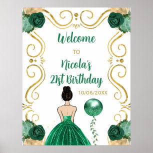 Affiche Anniversaire Fête Brown Cheveux Princesse Green Bi