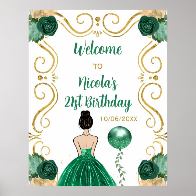 Affiche Anniversaire Fête Brown Cheveux Princesse Green Bi (Devant)