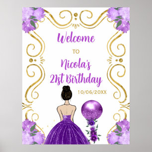 Affiche Anniversaire Fête Brown Cheveux Princesse Purple B