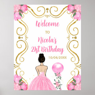 Affiche Anniversaire Fête Brown Cheveux Princesse Rose Bie