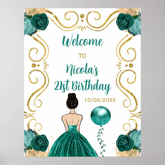 Affiche Anniversaire Fête Brown Cheveux Princesse Turquois (Devant)