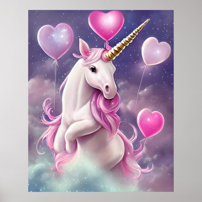 Affiche Anniversaire fille Imaginaire Unicorne avec ballon (Devant)