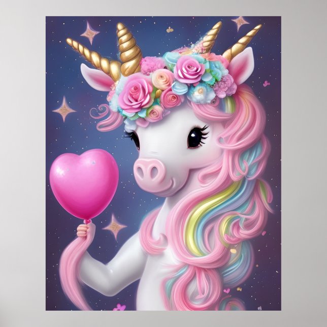 Affiche Anniversaire fille rose bébé licorne (Devant)