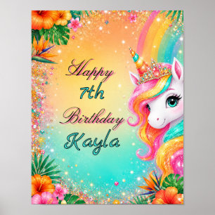 Affiche Anniversaire Filles Licorne Florale Tropical Arc-e