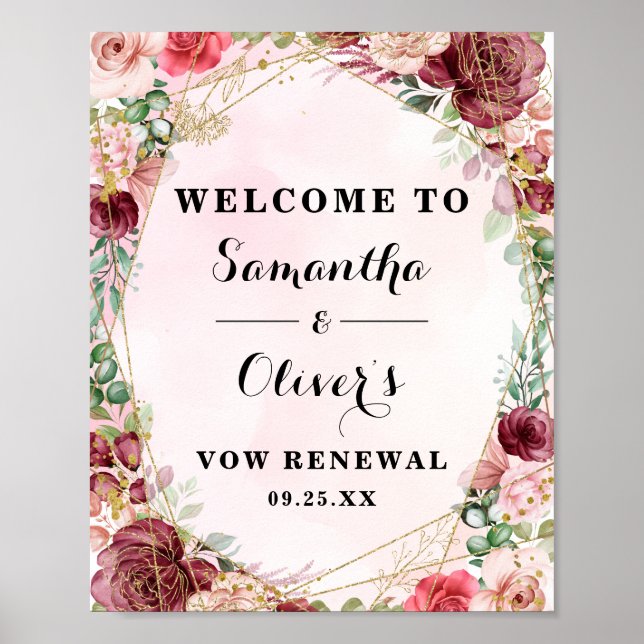 Affiche Anniversaire floral Rose de Bourgogne élégant (Devant)