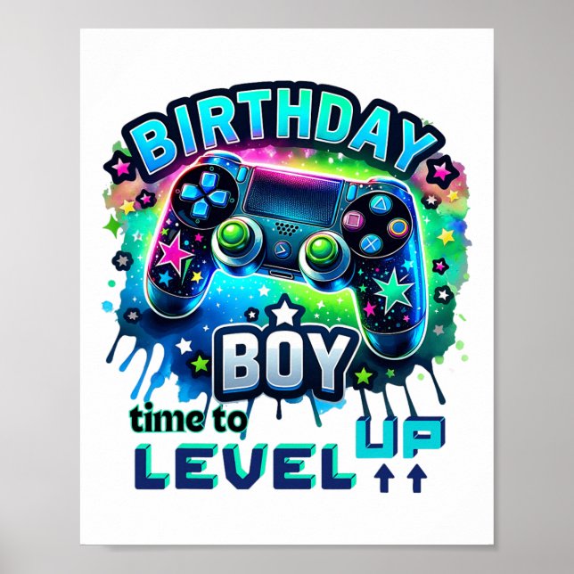 Affiche Anniversaire Garçon Temps De Niveau Up Video Jeu A (Devant)