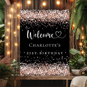 Affiche Anniversaire noir rose or bienvenue