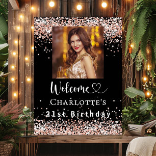 Affiche Anniversaire noir rose or photo bienvenue