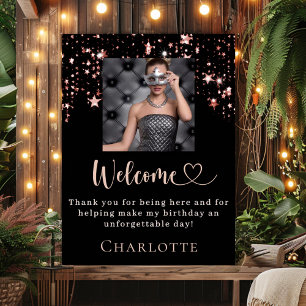 Affiche Anniversaire noir rose or photo étoiles bienvenue