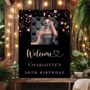 Affiche Anniversaire noir rose or photo étoiles bienvenue
