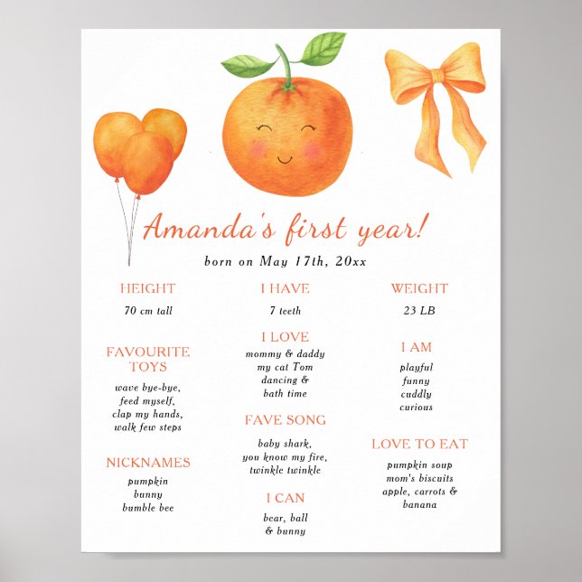 Affiche Anniversaire Orange et Bow Premier anniversaire (Devant)