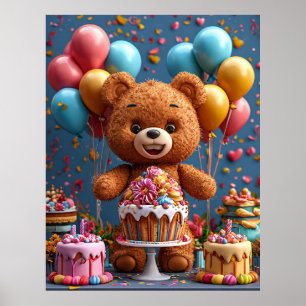 Affiche Anniversaire Ourson en Peluche Avec Gâteau Et Ball