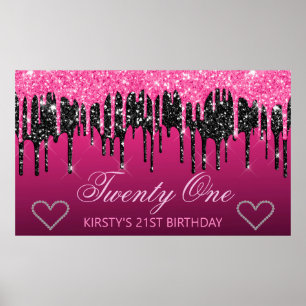 Affiche Anniversaire Paillettes Noires et Roses Glamour