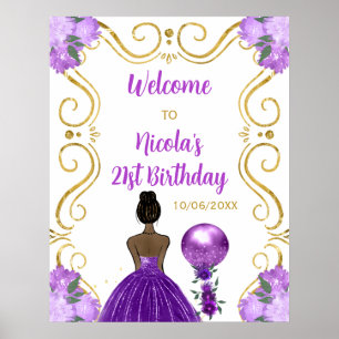 Affiche Anniversaire Peau foncée Princesse Purple Bienvenu