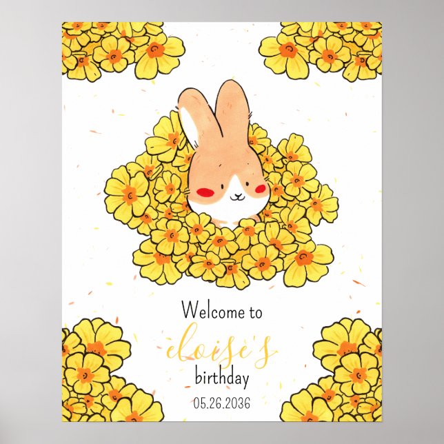 Affiche anniversaire personnalisé lapin fleurs (Devant)